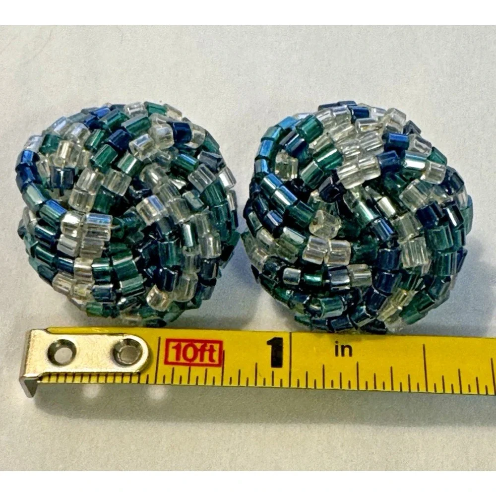 Vintage Teal Navy Blue Glass Beaded Cluster‎ Clip On Button Earrings Woven Domed